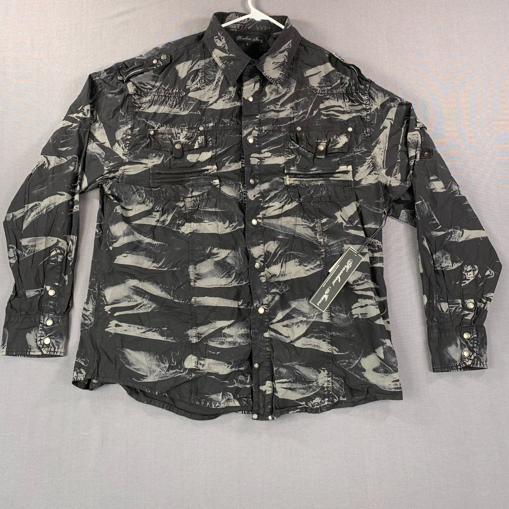 Knockout Jeans Shirt Men 3XL Black Sea Print Canvas Pockets Metal Snap Button-Up